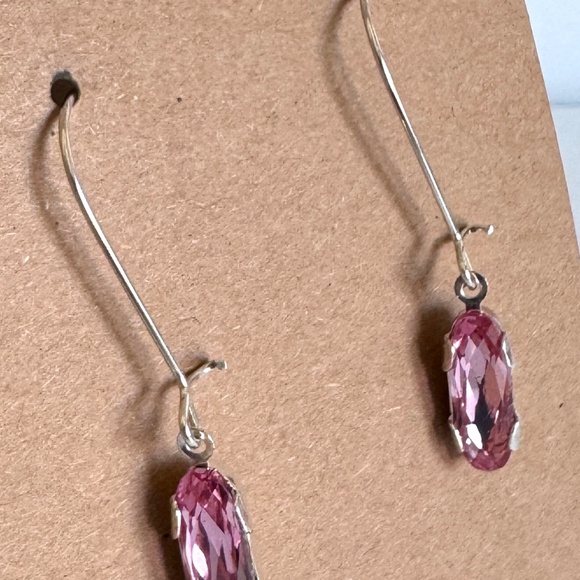 Silver and Pink Rhinestone Crystals Silver Plated Long Hook Earrings Item #355 - Picture 4 of 4